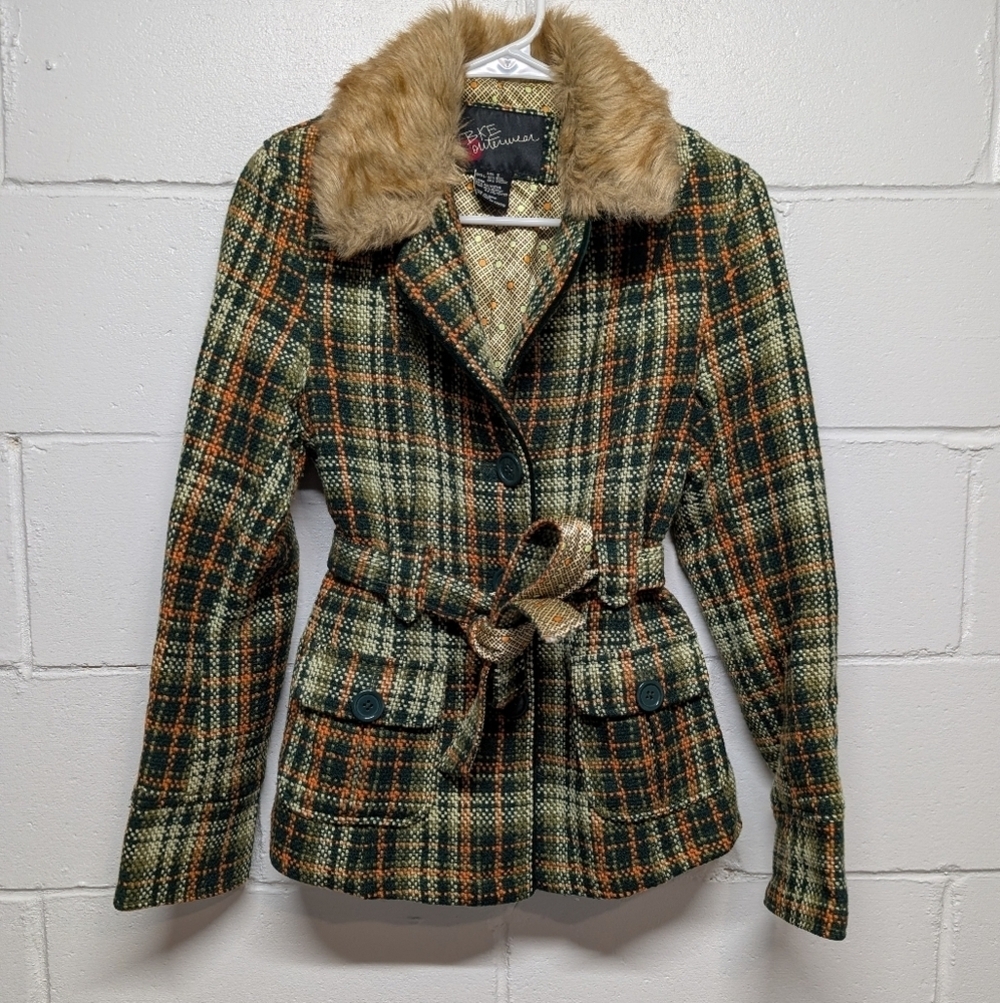 BKE Outerwear Wool Green Orange Plaid Jacket with Faux Fur Collar Women's Small